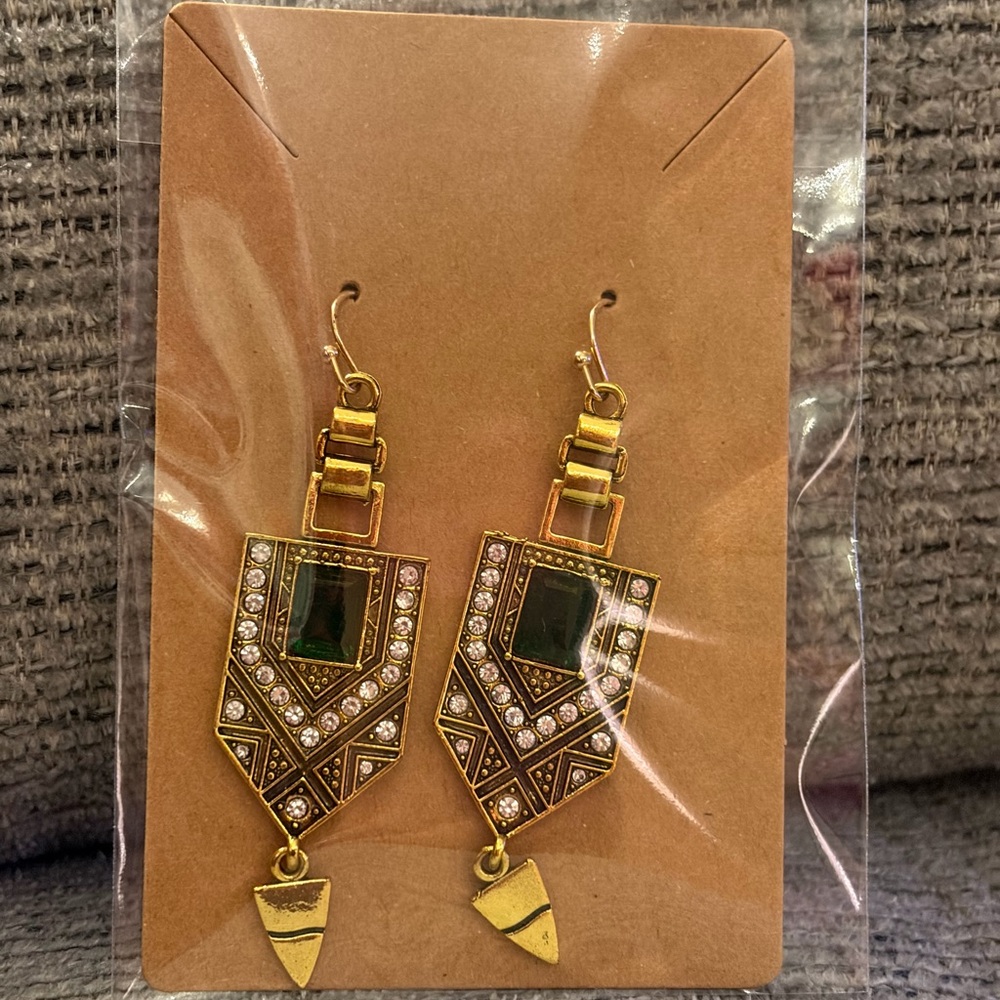 Gold-Tone Green Stone Geometric Drop Earrings - Women Jewelry